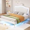 Upholstered Bed Frame with Adjustable Headboard Height, Double Bed with 4 Automatic Switching Mode LED Light Strip, Higher Bed Feet Girls Bed with