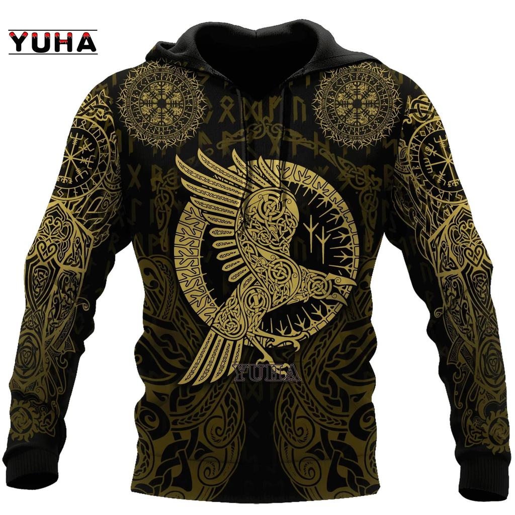 Mens Hoodies Vikings Eagle Tattoo Fashion Animal Pattern 3D Printed Style Casual Harajuku Hip Hop Pullover Oversized Sudaderas