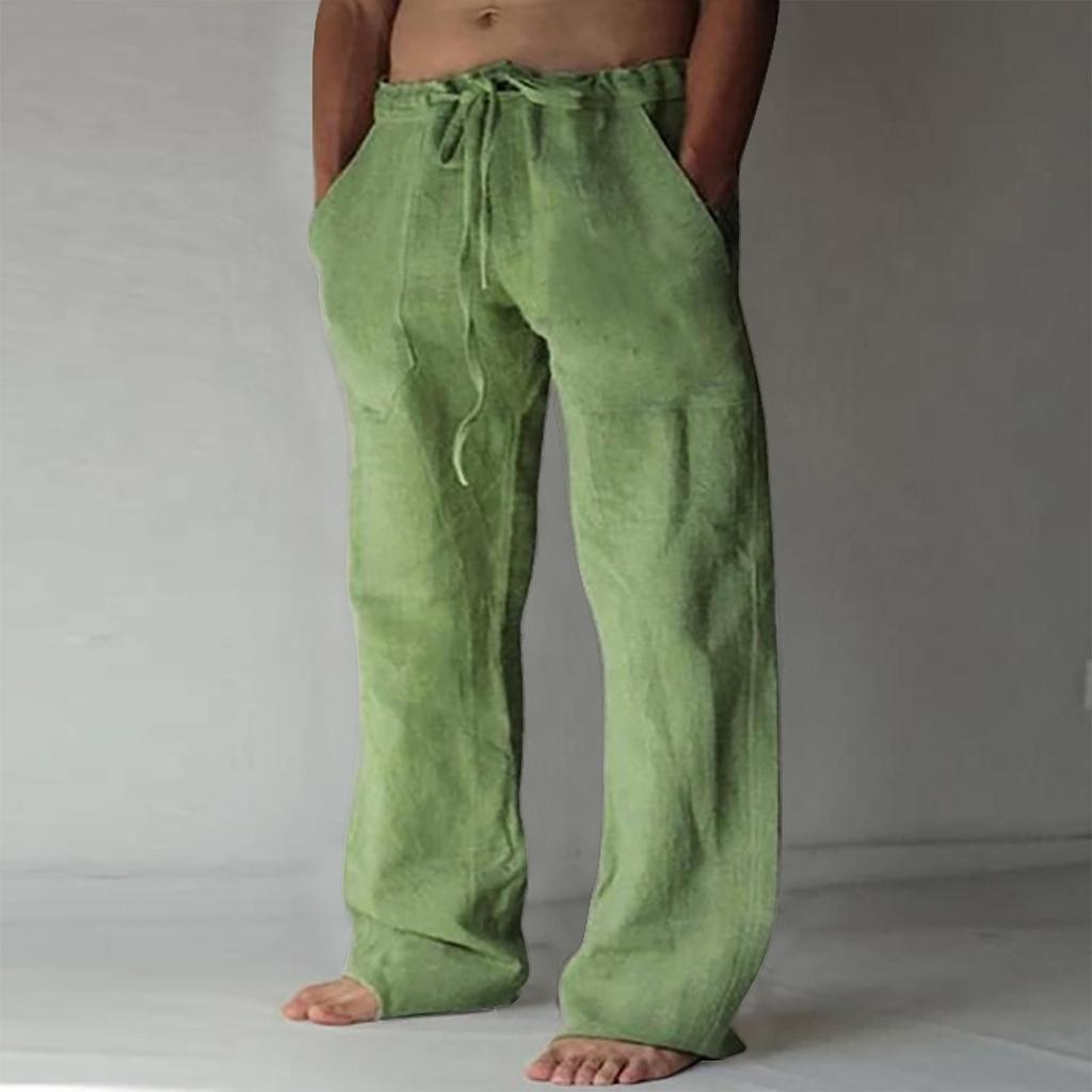 Men's new men's clothing youth solid color cotton and linen drawstring loose casual pants