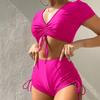 2Pcs/Set Women Summer Bikini Set V Neck Short Sleeve Tops High Waist Drawstring Swimming Trunks Solid Color Quick Drying Swimsuit