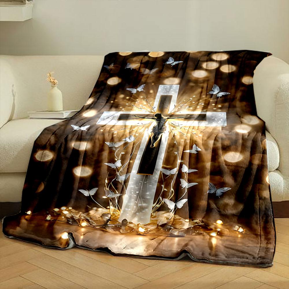 Glowing Cross Butterfly Blanket Printed Blanket for Living Room Bed Couch lunch break Soft Cozy Blanket for Friend's festival Gift