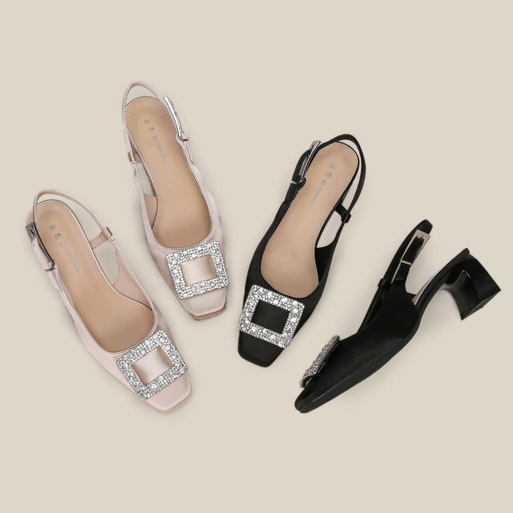 Spring and summer square head high heel empty shoes thick heel French shoes summer fashion versatile sandals women's satin rhinestone shoes