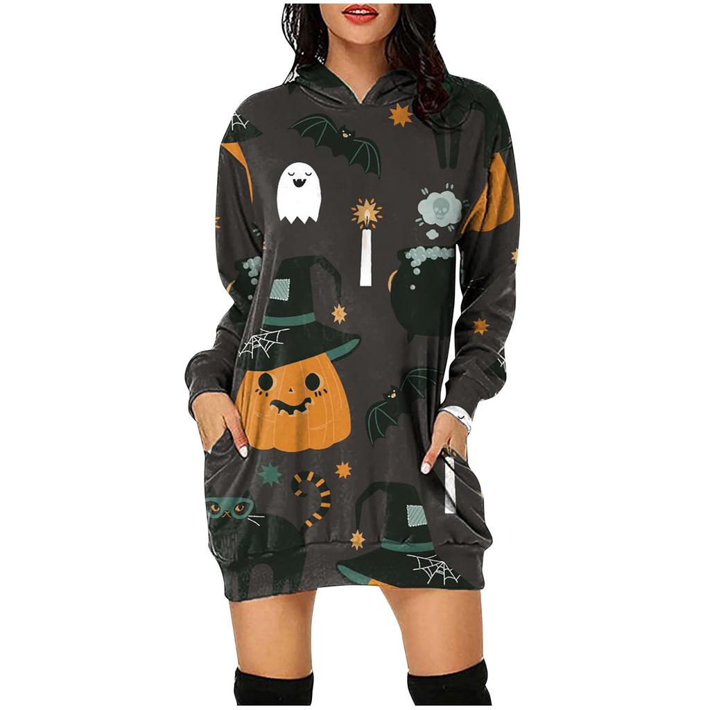 Women's Halloween  Printed Long Sleeve Hooded Pullover Dress Tops