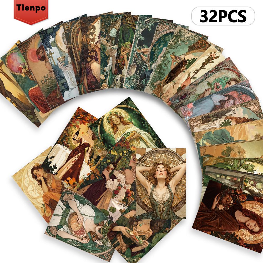 32pcs, Vintage Art Nouveau Women's Postcard Set, Mailing Cards, Greeting Cards, DIY Cards, Memorial Postcards, Decorations
