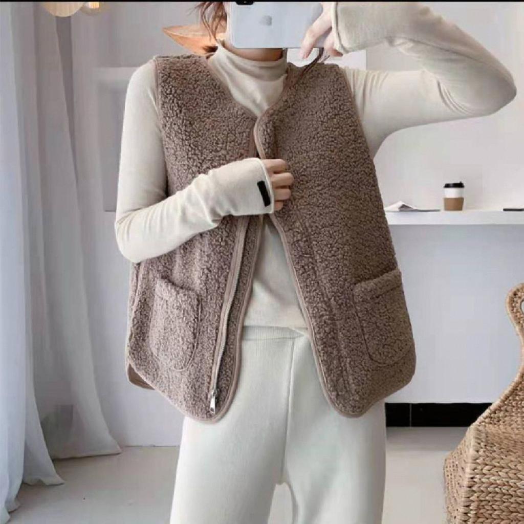 Women Fall Spring Vest Round Neck Thick Fleece Pockets Solid Color Sleeveless Zipper