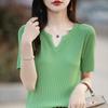Women Knit T-shirt Summer Knitted Shirt Short Sleeve Tees V-neck Knit Pullover Knit Tops
