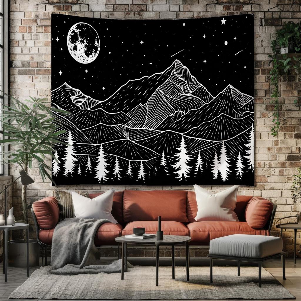 Mountain Moon Tapestry in Black and White – Celestial Forest Night Wall Art Minimalist Nature Decor for Bedroom or Gift for Him or Her