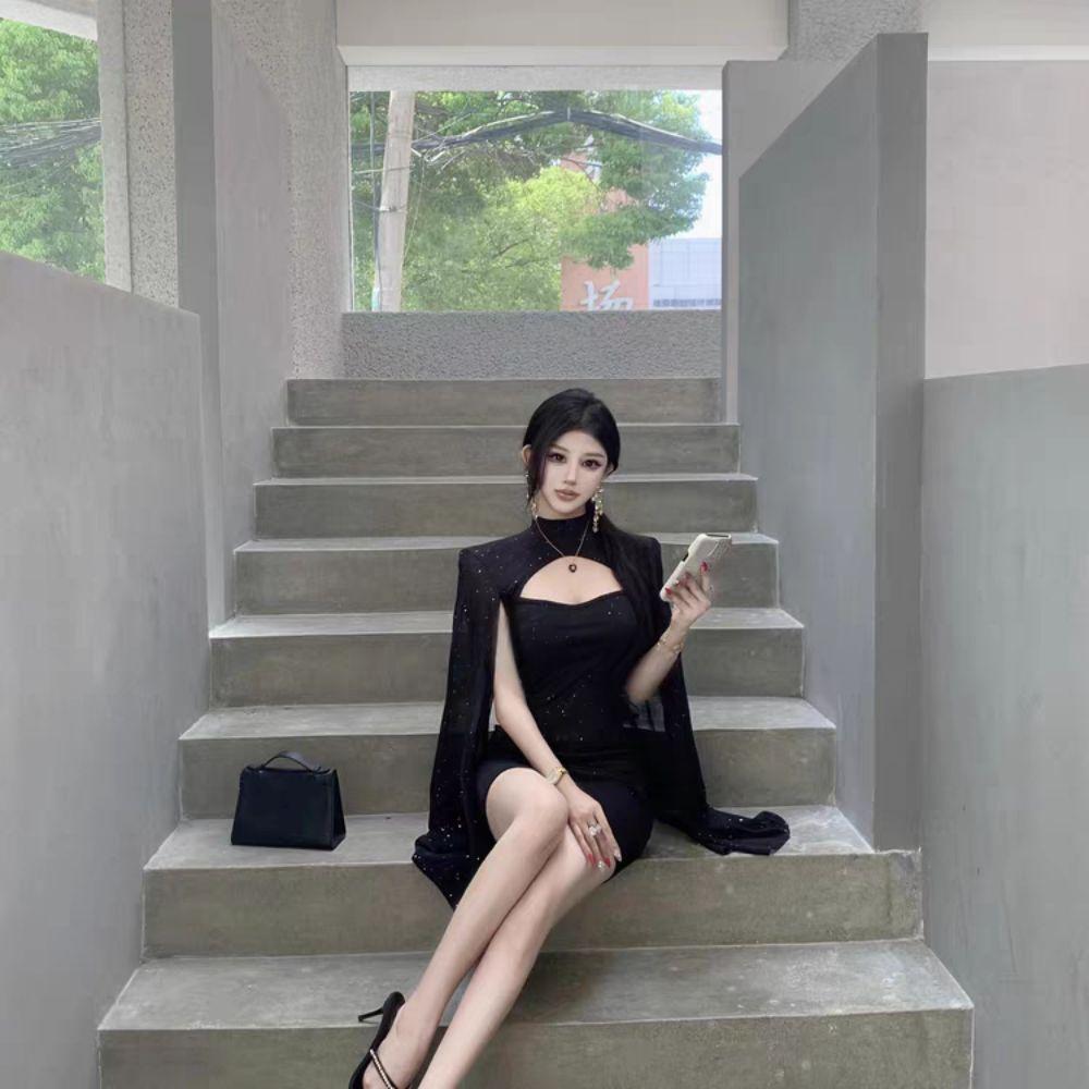 A-line Women Glitter Party Dress Sparkling Slim Evening Dress Chiffon Cape Red Dress Ladies Girl