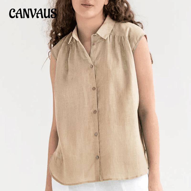 Летняя женская рубашка из хлопка и льна, простая повседневная однотонная блузка без рукавов