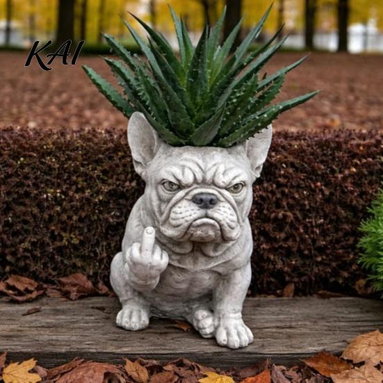 Creative Indoor Planter Funny Bulldog Pot Novelty Middle Finger Dog Flower Cute Balcony Garden Statue for Outdoor Office Desk Decor Expression