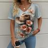 Summer Women's Short Sleeve T-Shirt Flower Harajuku Print Outdoor Casual V-Neck Pullover Top Loose Oversized Clothing