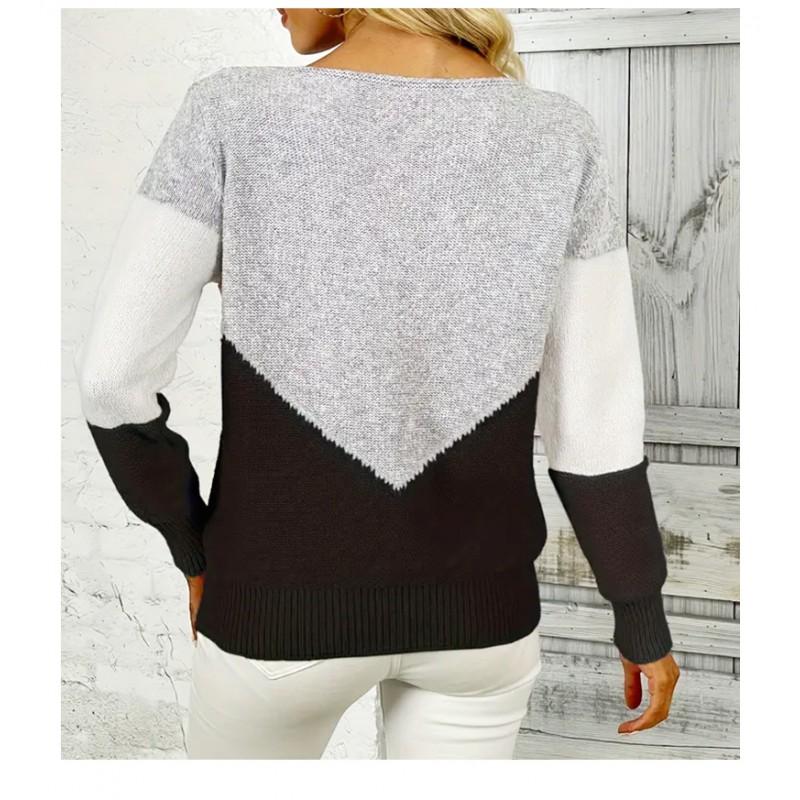 Womens Knit Sweater Crew Neck Color Block Pullover Top Casual Basic Long Sleeve