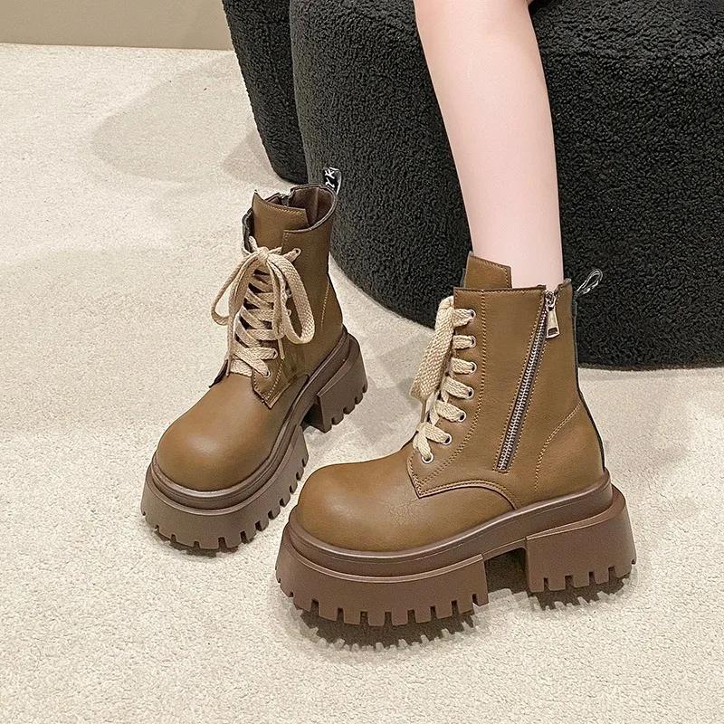 Модные женские ботильоны на толстой подошве 7 см, кожаные мотоциклетные ботинки на платформе, высокие каблуки, ботинки на танкетке, зимняя обувь в стиле панк, женские кроссовки