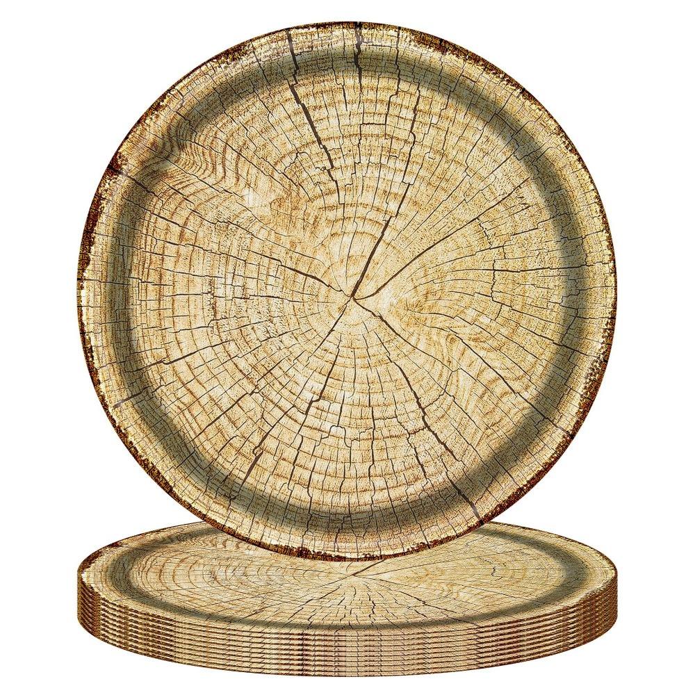 10pcs Round Imitation Wood Grain Disposable Plate Vintage Paper Food Tray Disposable Dish Picnic