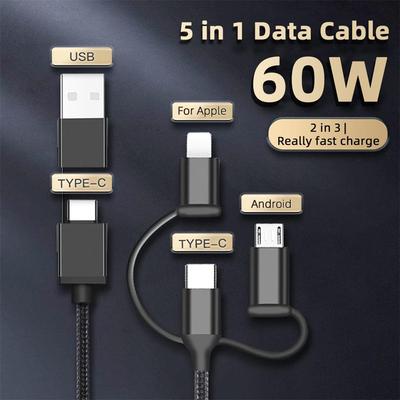 60 Вт 5 в 1 USB-кабель для передачи данных USB A to Type C Micro Lighting PD QC 18 Вт Быстрая зарядка для iPhone Samsung Huawei Xiaomi