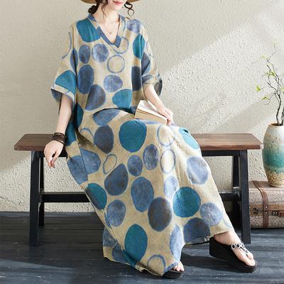 2024 Летнее платье больших размеров, пляжное женское платье с v-образным вырезом и цветочным принтом, праздничное повседневное мягкое синее льняное свободное платье макси