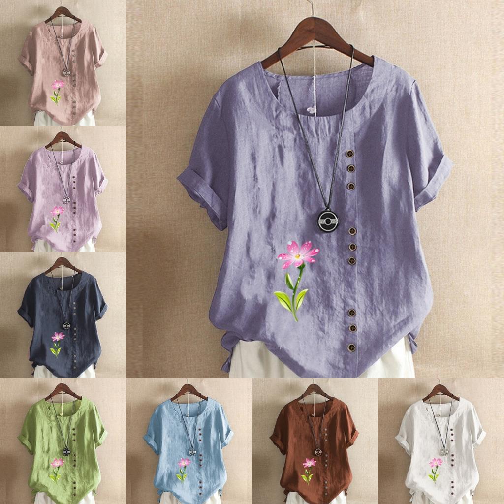 Women's Fashion Round Neck Short Sleeve T-shirt Casual Cotton Linen Graphic Shirt Leisure Loose Flower Prined Summer Blouse Tops