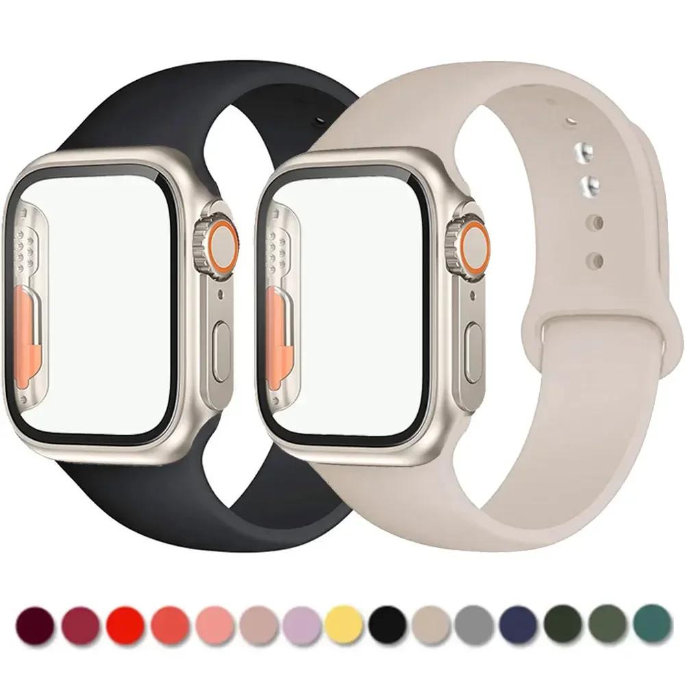 Силиконовый ремешок+Чехол для Apple Watch Band 44 мм 45 мм 41 мм 40 мм Закаленное стекло Cover Изменить на Ultra iWatch Series 9 8 7 SE 6 5 3