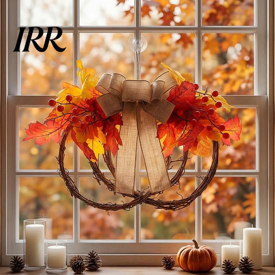 Waterproof Autumn Garland Fall Artificial Maple Leaf Wreath for Front Door, Thanksgiving Rattan with Ring Berries And Burlap Bow Harvest Door