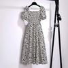 Черное платье с цветочным принтом, маленькое свежее женское летнее новое платье с завышенной талией