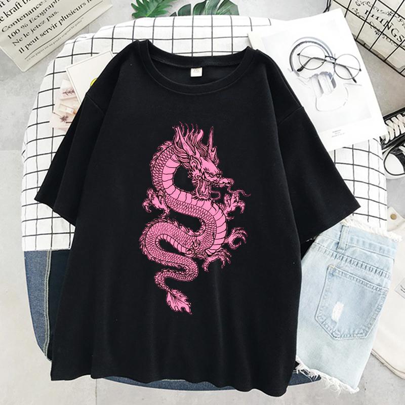 Unisexs Tshirts Pink Dragon Tops Aesthetic Oversized Kpop Harajuku Gothic Short Sleeve Casual Black Print Dropshipping Clothes