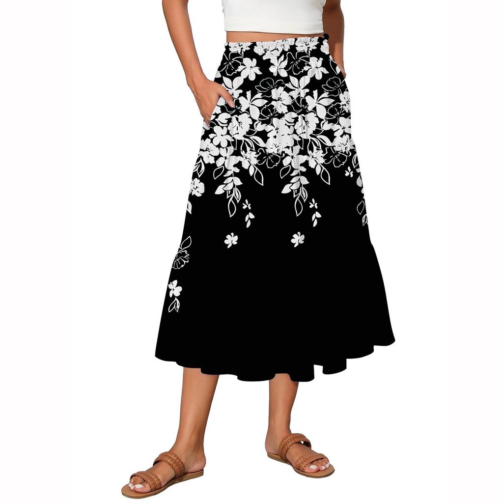 Women's Vintage Gradient Print Flowy Flared Ruffle A-Line Maxi Skirt