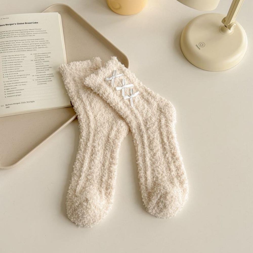 Coral Fleece Middle Tube Socks Bowknot Floor Socks Cute Women's Socks Autumn