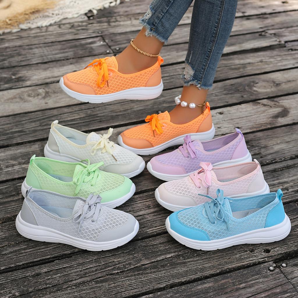 Fashion Summer Bright Color Knitted Mesh Sneakers Woman Comfortable Lace-up Net Sport Shoes Ladies Purple Grey Casual Flat Walk Shoes