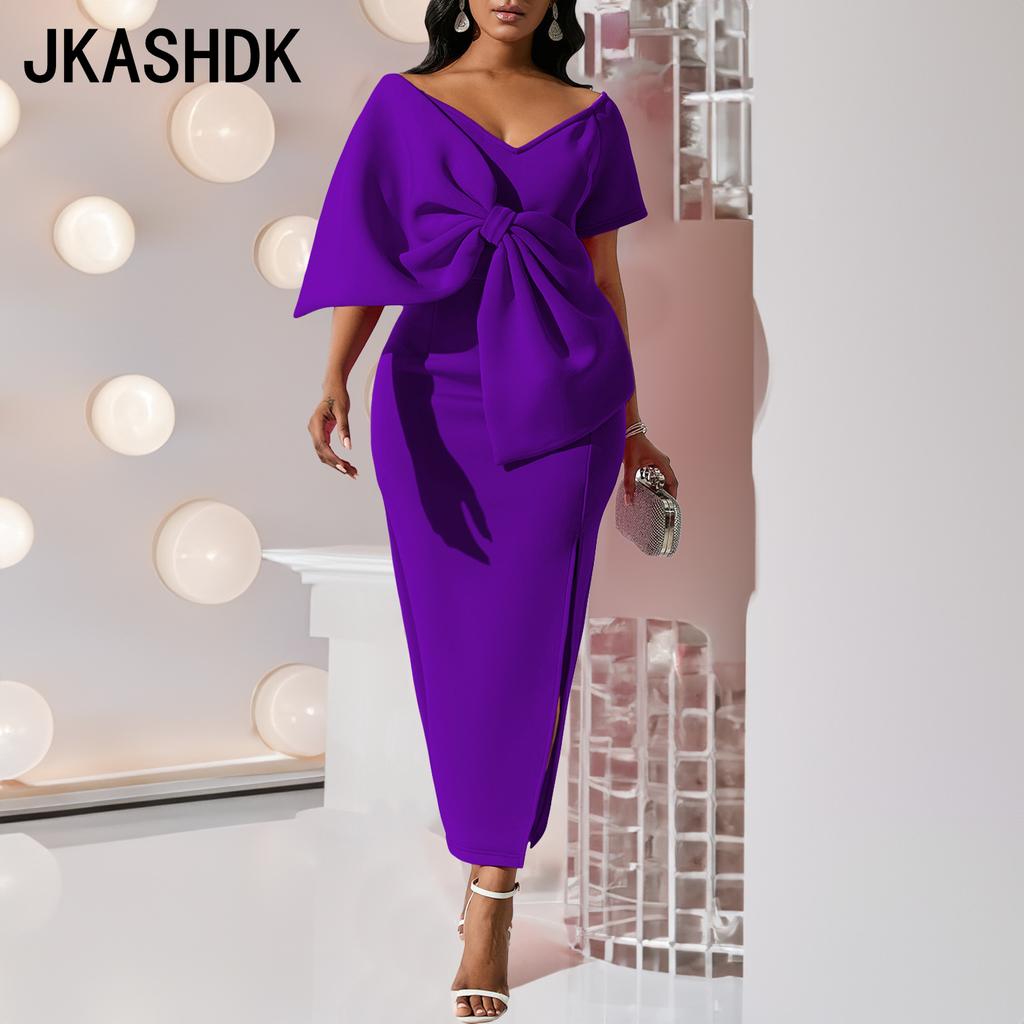 JKASHDK Women's Fashion Summer Spring Solid Color Print Short Sleeve V-Neck High Waist Cocktail & Evening Dresses