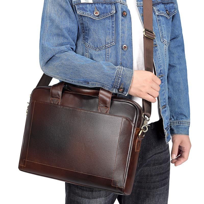 Genuine Top-Grain Cowhide Men's Briefcase, 15.6" Laptop Bag, Business Handbag Crossbody Shoulder Bag