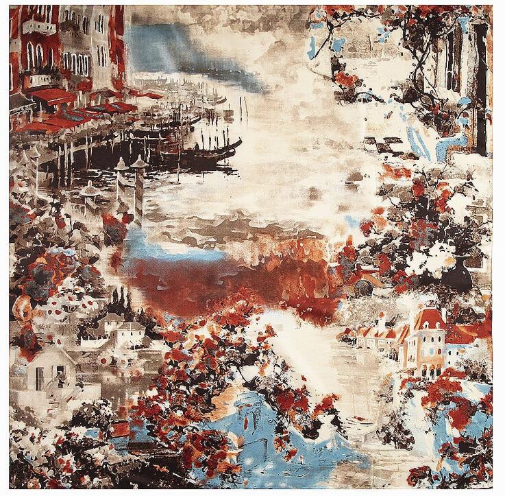 New Luxury Brand Silk Scarf Women Countryside House Oil Painting Print Hijab Scarves Female 130cm Square Shawl Scarves