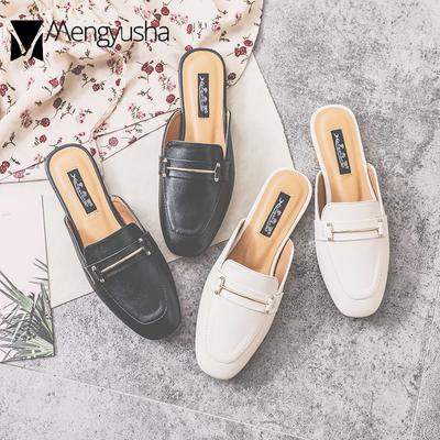 Мода 2024 года, туфли с квадратным носком, женские, с металлическими украшениями, мюли, удобные босоножки на плоской подошве, сандалии-слайды, женские кожаные шлепанцы