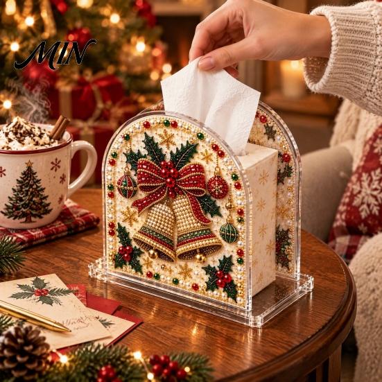 Square Tissue Box Case DIY Christmas Faux Pearl Art Painting Holder, 3D Rhinestone Beads Creative Resin Gem Holder for Winter Xmas Holiday Tabletop