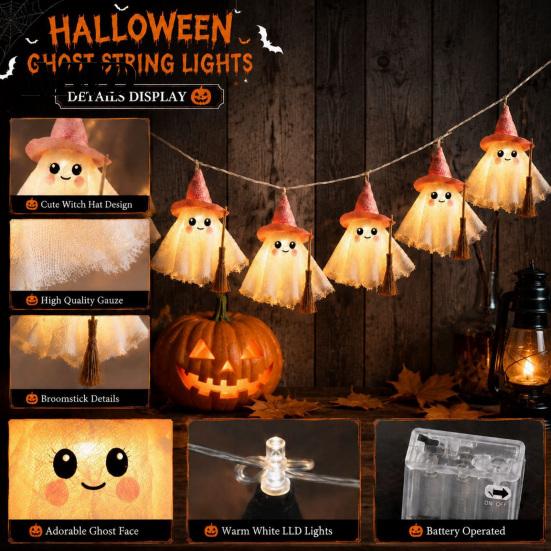 Spooky But Sweet Festival Props LED Ghost String Lights for Halloween Decorations, Cute Hanging Gauze Lamps Indoor Outdoor Decorations with Warm White