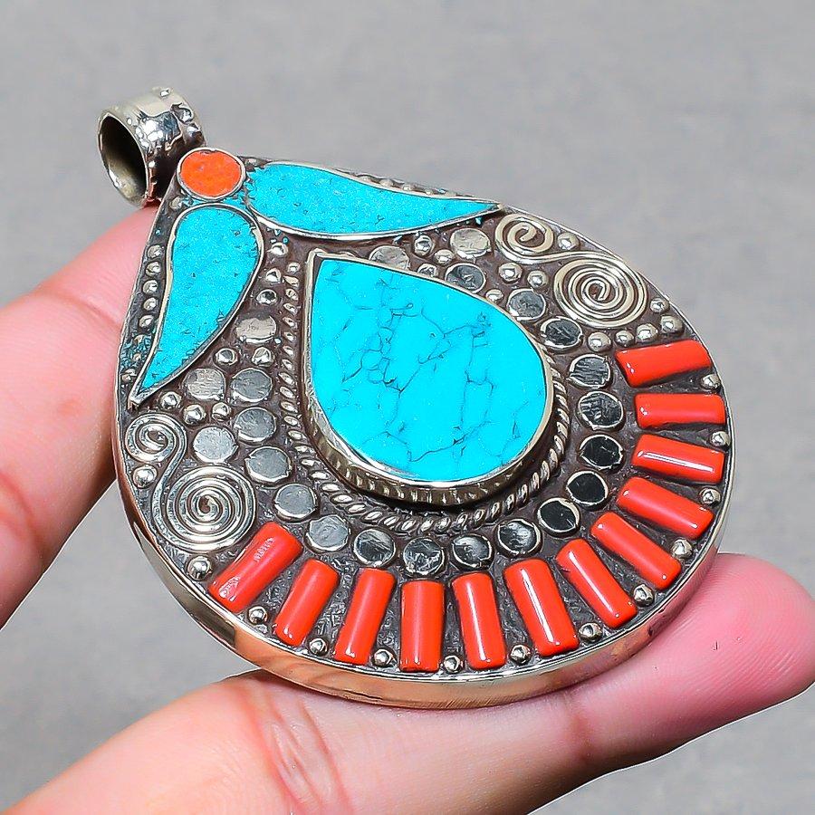 Vintage Nepal Pendant 2.7" Natural Turquoise Coral Chunky Tribal Ethnic NP 2493