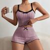 2 Pcs/Set Women Summer Pajamas Suit Shirring Edge Sleeveless Backless Crop Top Lace Bow Decor High Waist Mini Shorts Daily Nightie Slim Fit Sleepwear
