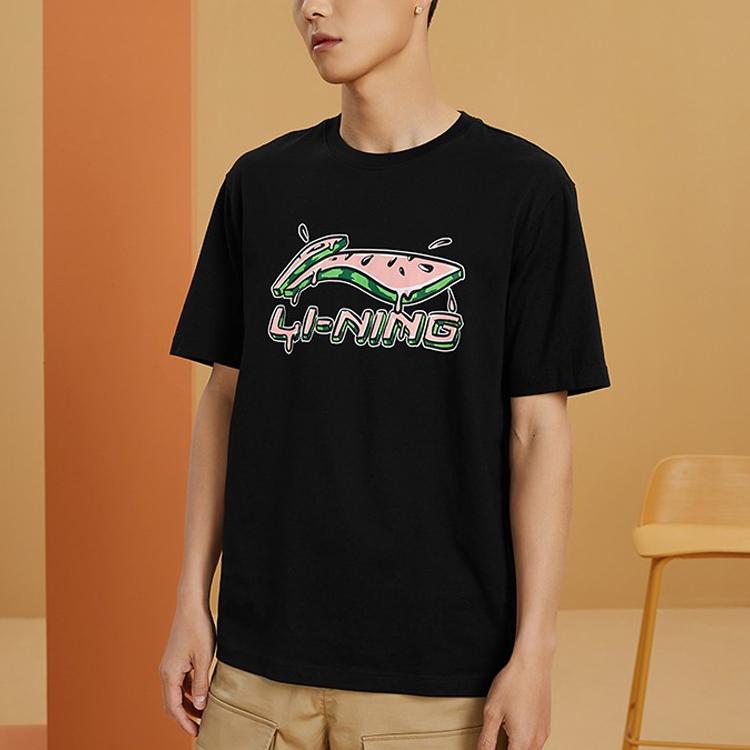 Li Ning Sports Fashion Series Cartoon Fun Print Casual Short Sleeve Футболка унисекс Топы Черный AHSS561-2
