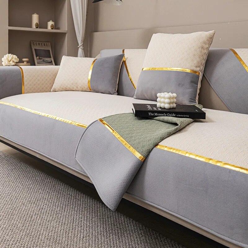 Легкая роскошная диванная подушка из синели, универсальный чехол Four Seasons, однотонный золотой коврик для дивана с краями, нескользящий L-образный чехол для дивана