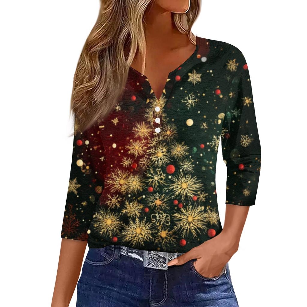 Women's Fashionable Casual Christmas Printed V-neck Three-quarter Sleeve Decorated Button Top