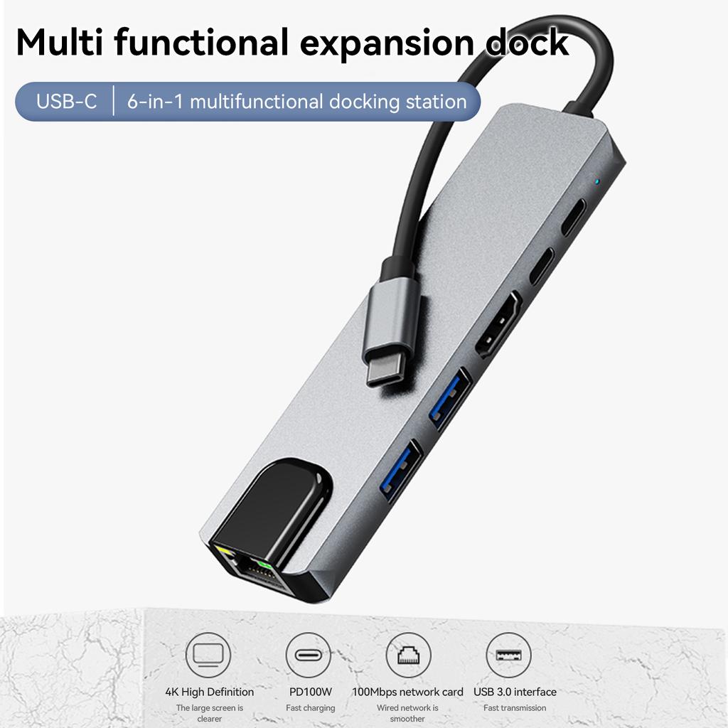 Адаптер-хаб 6 в 1 TYPE-C на HDMI+USB3.0+2.0+RJ45 100M+PD+Интерфейс передачи данных