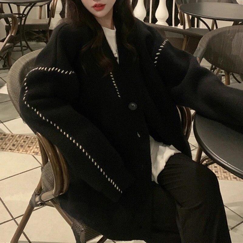 Осенний свободный кардиган с v-образным вырезом, свитера, куртка, женская зимняя мода 2023, вязаный свитер, пальто, женские корейские теплые кардиганы 29200