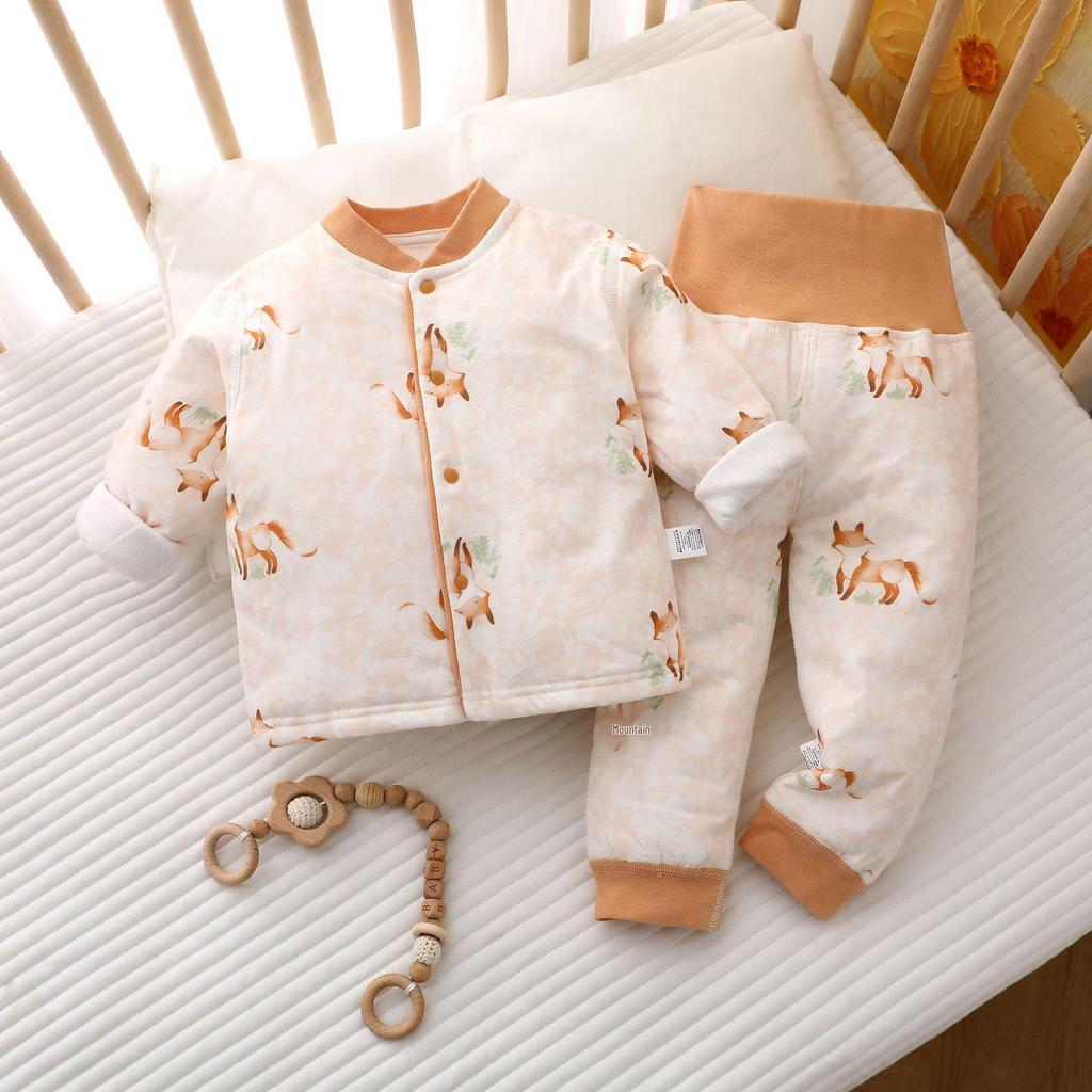 Детский стеганый теплый комплект: Хлопковая пижама с высокой талией и защитой живота для осени/зимы