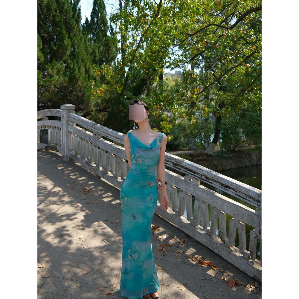 Женское платье с темпераментом для жаркого лета, с отложным воротником, в стиле чистой страсти, с принтом бабочек, сетчатое, приталенное по талии, без рукавов, облегающее бедра, длинная юбка