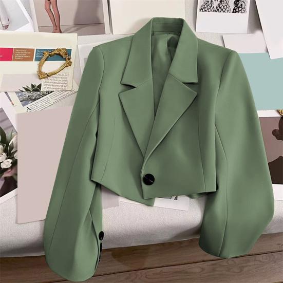 Women Short Suit Coat Lapel Long Sleeve Single Button Suit Jacket Solid Color Loose Fit Casual Business Style Suit Coat