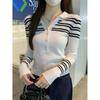 Contrasting Striped Olo Shirt Knitted Long-sleeved Shirt Bottoming Shirt with Women's Spring and Autumn Semi-open Neck High-end Top