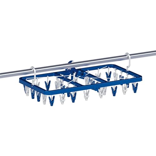 Towa Sangyo Laundry Drying Rack with LST Side Hooks, 32 Pinch Clothes Hangers, Blue, Anti-Tilt, Double Hooks, Large, Approx. 33cm Wide x 60cm Deep x 3