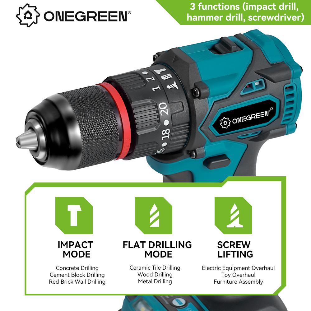 ONEGREEN 1200 Вт 480 Н.М крутящий момент бесщеточная электрическая ударная дрель 20 передач аккумуляторная отвертка электроинструменты для Makita 18 В аккумулятор