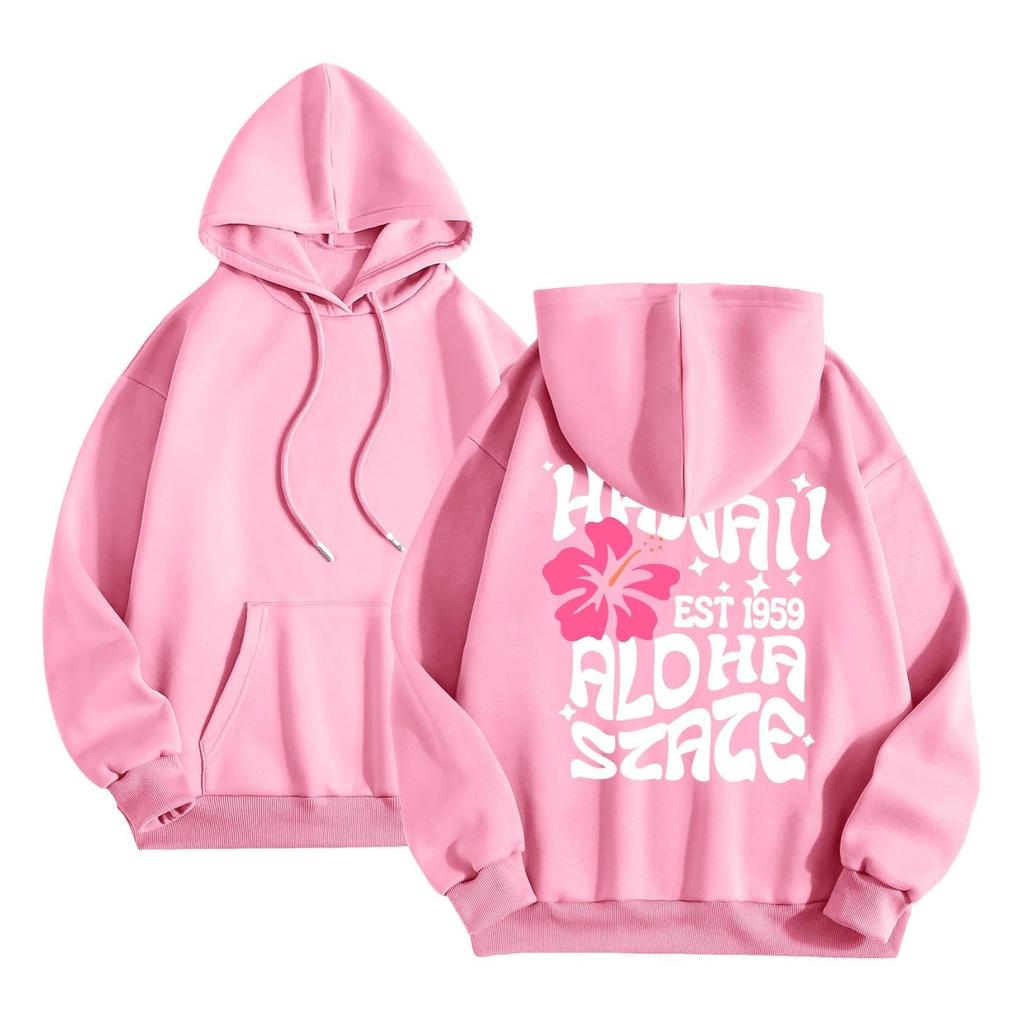Women's Fashion Long Sleeve Sweatshirt Letter Printed Hooded Drawstring Pullover Oversized Pocket Sweatshirt Top