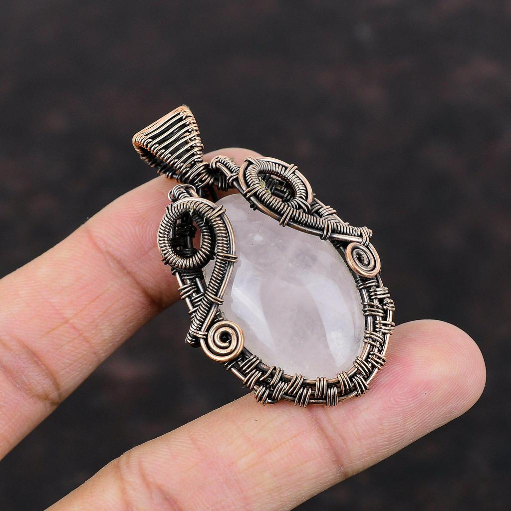 Кулон из розового кварца, медная проволока, кулон из розового кварца, медные украшения, кулон ручной работы, ювелирные изделия из проволоки, кулон с драгоценным камнем для подарка