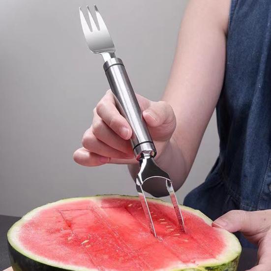 Stainless Steel Watermelon Cutter Dual Head Slicer Serving Fork Dishwasher Safe Fruit Cubing Tool for Picnics BBQ